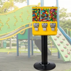 VEVOR Commercial Vending Machine, Triple Compartment Candy Dispenser with Iron Stand, Gumball and Candy Machine for Business, Coin Operated Gumball Bank for Toy Capsules Bouncy Balls Candy Nut, Yellow