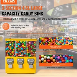 VEVOR Commercial Vending Machine, Triple Compartment Candy Dispenser with Iron Stand, Gumball and Candy Machine for Business, Coin Operated Gumball Bank for Toy Capsules Bouncy Balls Candy Nut, Yellow