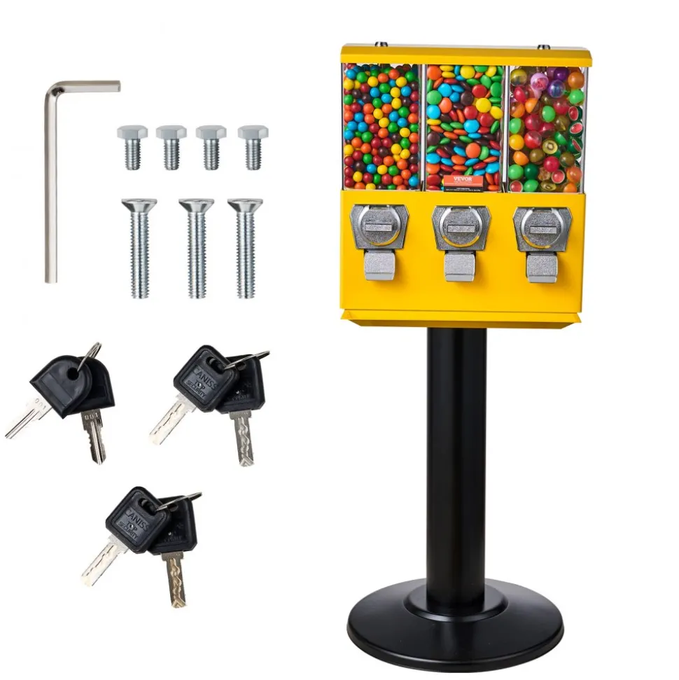 VEVOR Commercial Vending Machine, Triple Compartment Candy Dispenser with Iron Stand, Gumball and Candy Machine for Business, Coin Operated Gumball Bank for Toy Capsules Bouncy Balls Candy Nut, Yellow