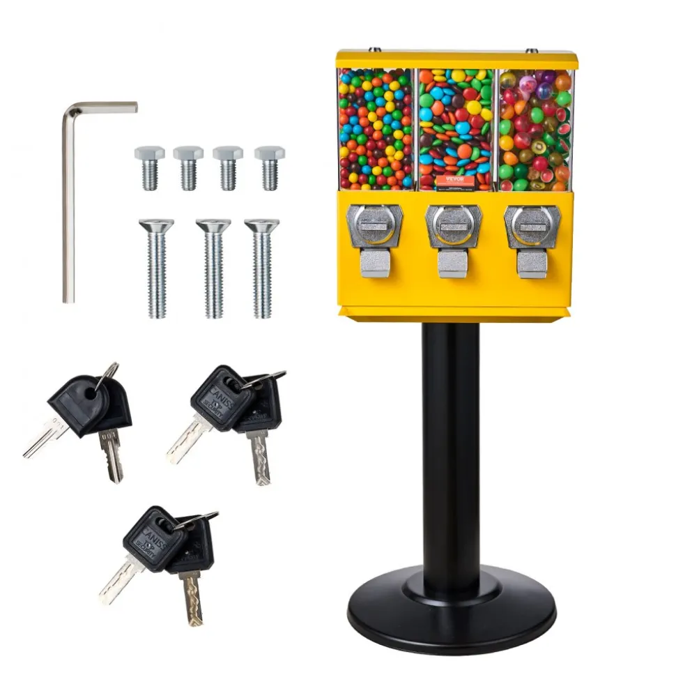 VEVOR Commercial Vending Machine, Triple Compartment Candy Dispenser with Iron Stand, Gumball and Candy Machine for Business, Coin Operated Gumball Bank for Toy Capsules Bouncy Balls Candy Nut, Yellow