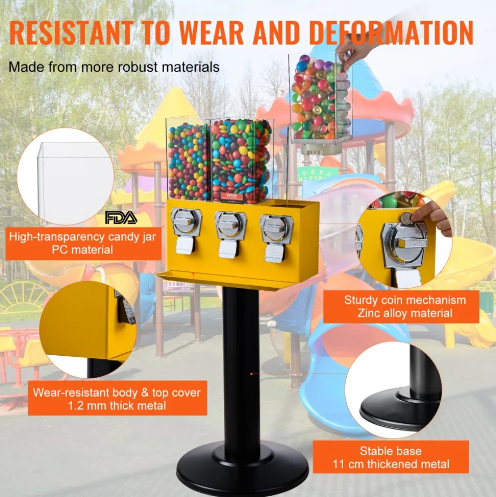 VEVOR Commercial Vending Machine, Triple Compartment Candy Dispenser with Iron Stand, Gumball and Candy Machine for Business, Coin Operated Gumball Bank for Toy Capsules Bouncy Balls Candy Nut, Yellow