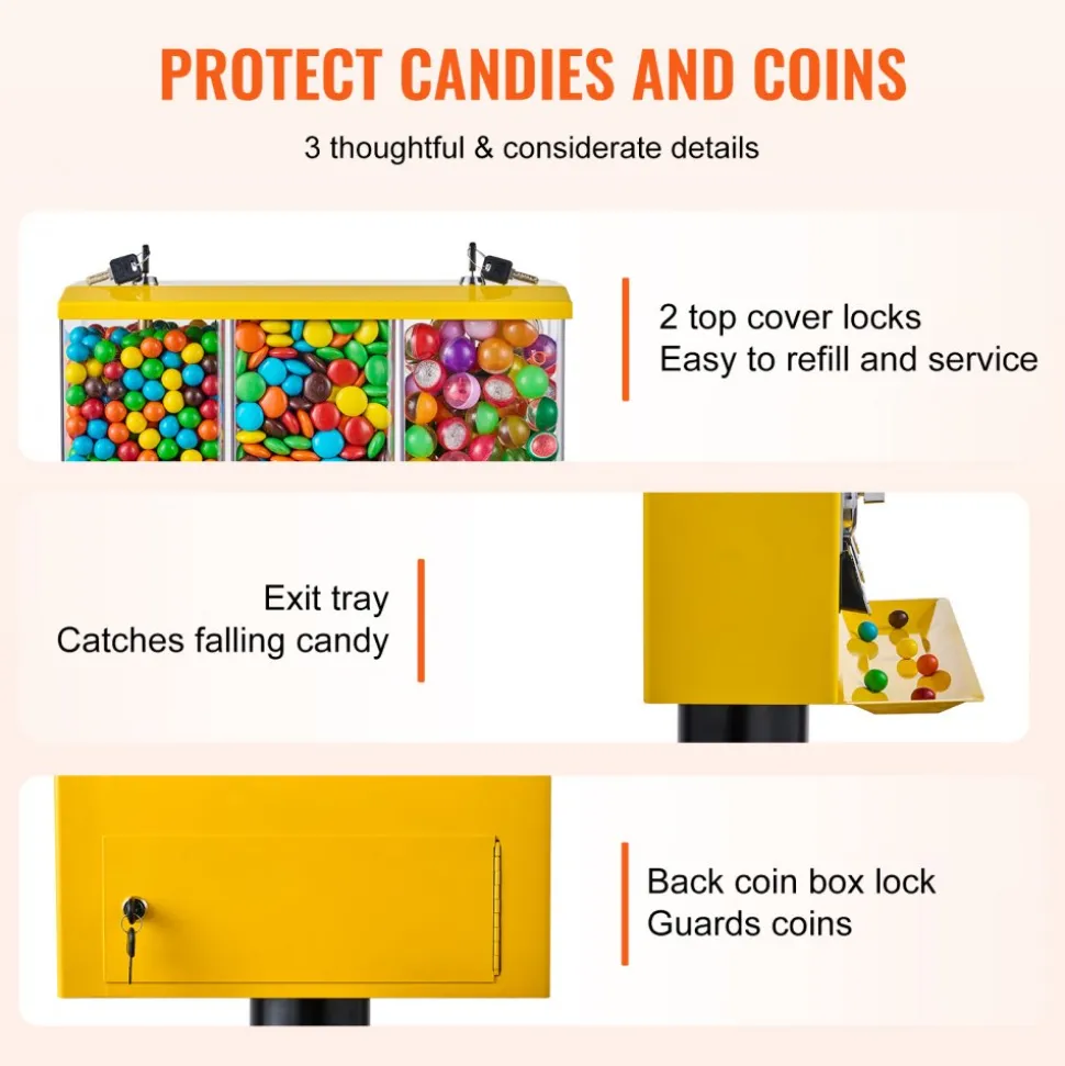 VEVOR Commercial Vending Machine, Triple Compartment Candy Dispenser with Iron Stand, Gumball and Candy Machine for Business, Coin Operated Gumball Bank for Toy Capsules Bouncy Balls Candy Nut, Yellow