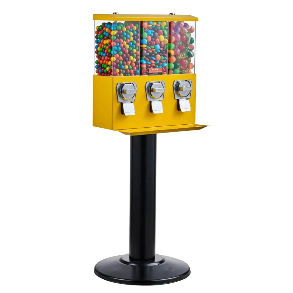 VEVOR Commercial Vending Machine, Triple Compartment Candy Dispenser with Iron Stand, Gumball and Candy Machine for Business, Coin Operated Gumball Bank for Toy Capsules Bouncy Balls Candy Nut, Yellow