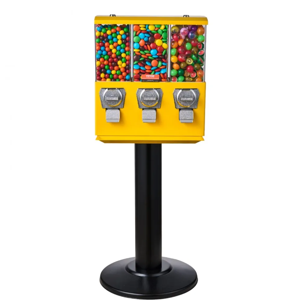 VEVOR Commercial Vending Machine, Triple Compartment Candy Dispenser with Iron Stand, Gumball and Candy Machine for Business, Coin Operated Gumball Bank for Toy Capsules Bouncy Balls Candy Nut, Yellow