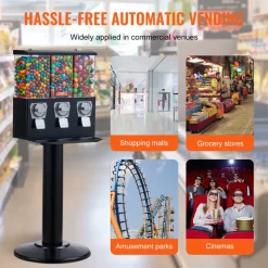 VEVOR Commercial Vending Machine, Triple Compartment Candy Dispenser with Iron Stand, Gumball and Candy Machine for Business, Coin Operated Gumball Bank for Toy Capsules Bouncy Balls Candy Nut, Black