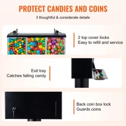 VEVOR Commercial Vending Machine, Triple Compartment Candy Dispenser with Iron Stand, Gumball and Candy Machine for Business, Coin Operated Gumball Bank for Toy Capsules Bouncy Balls Candy Nut, Black