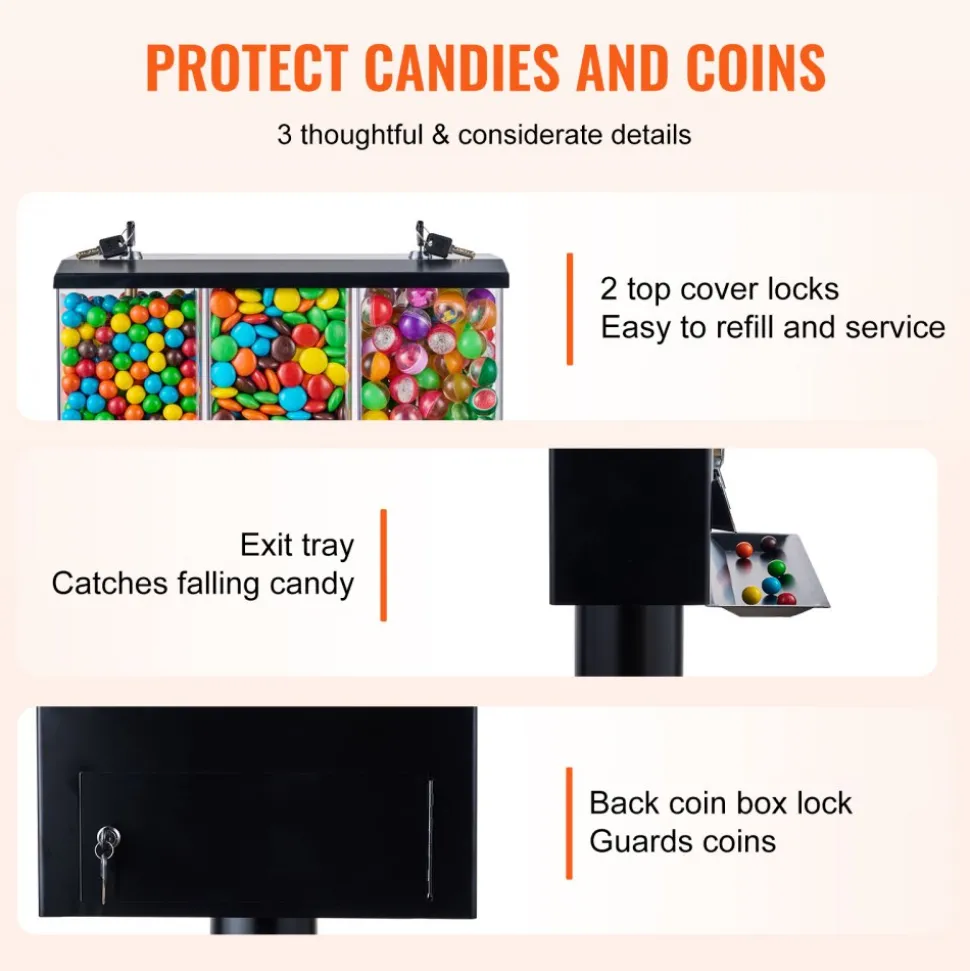 VEVOR Commercial Vending Machine, Triple Compartment Candy Dispenser with Iron Stand, Gumball and Candy Machine for Business, Coin Operated Gumball Bank for Toy Capsules Bouncy Balls Candy Nut, Black