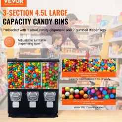 VEVOR Commercial Vending Machine, Triple Compartment Candy Dispenser with Iron Stand, Gumball and Candy Machine for Business, Coin Operated Gumball Bank for Toy Capsules Bouncy Balls Candy Nut, Black