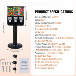 VEVOR Commercial Vending Machine, Triple Compartment Candy Dispenser with Iron Stand, Gumball and Candy Machine for Business, Coin Operated Gumball Bank for Toy Capsules Bouncy Balls Candy Nut, Black