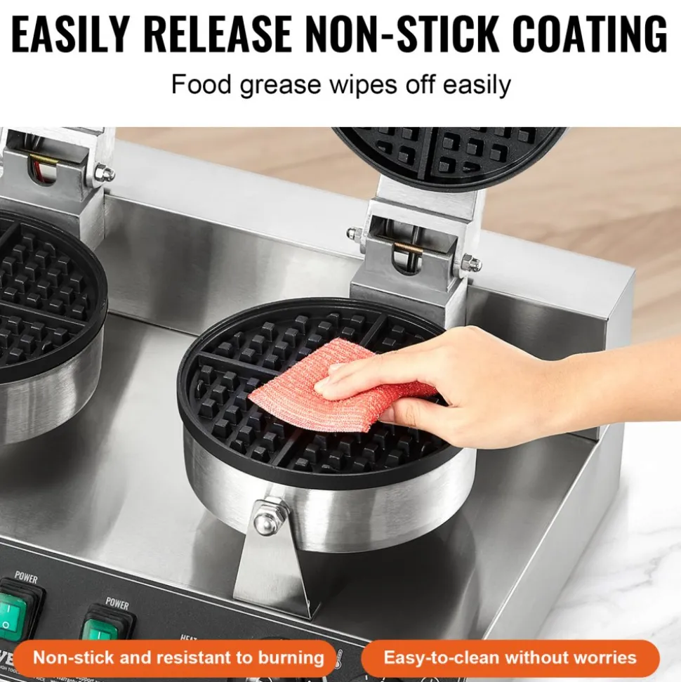 VEVOR Commercial Waffle Maker, Dual-Head Round Waffle Baker Machine, 2460W Non-Stick Stainless Steel Belgian Waffle Iron with Temp and Time Control, Handle, for Restaurant Bakery Snack Bar Family