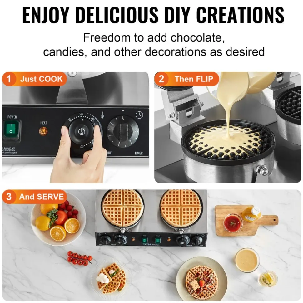 VEVOR Commercial Waffle Maker, Dual-Head Round Waffle Baker Machine, 2460W Non-Stick Stainless Steel Belgian Waffle Iron with Temp and Time Control, Handle, for Restaurant Bakery Snack Bar Family