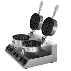 VEVOR Commercial Waffle Maker, Dual-Head Round Waffle Baker Machine, 2460W Non-Stick Stainless Steel Belgian Waffle Iron with Temp and Time Control, Handle, for Restaurant Bakery Snack Bar Family