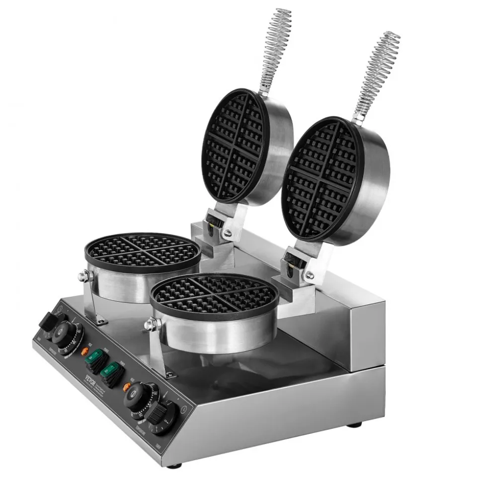 VEVOR Commercial Waffle Maker, Dual-Head Round Waffle Baker Machine, 2460W Non-Stick Stainless Steel Belgian Waffle Iron with Temp and Time Control, Handle, for Restaurant Bakery Snack Bar Family