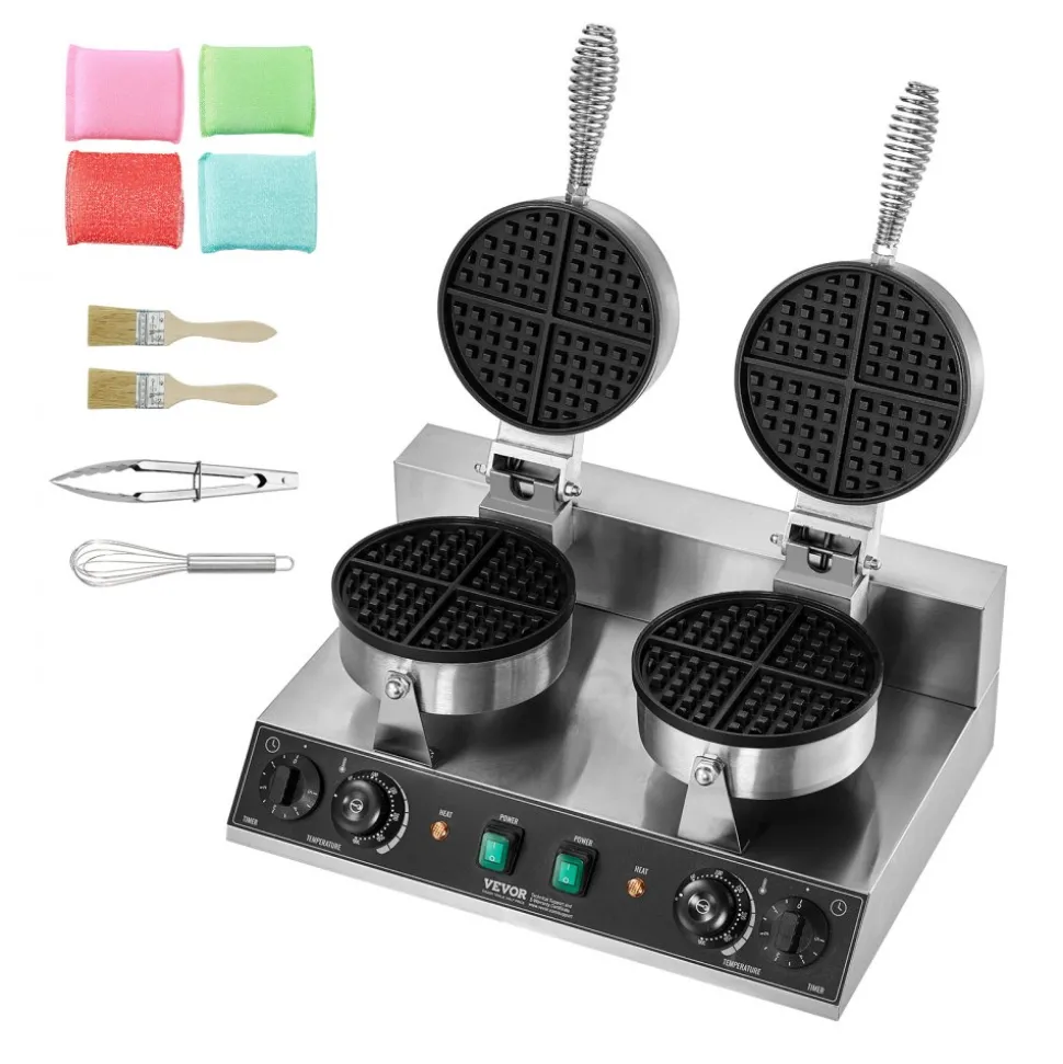 VEVOR Commercial Waffle Maker, Dual-Head Round Waffle Baker Machine, 2460W Non-Stick Stainless Steel Belgian Waffle Iron with Temp and Time Control, Handle, for Restaurant Bakery Snack Bar Family