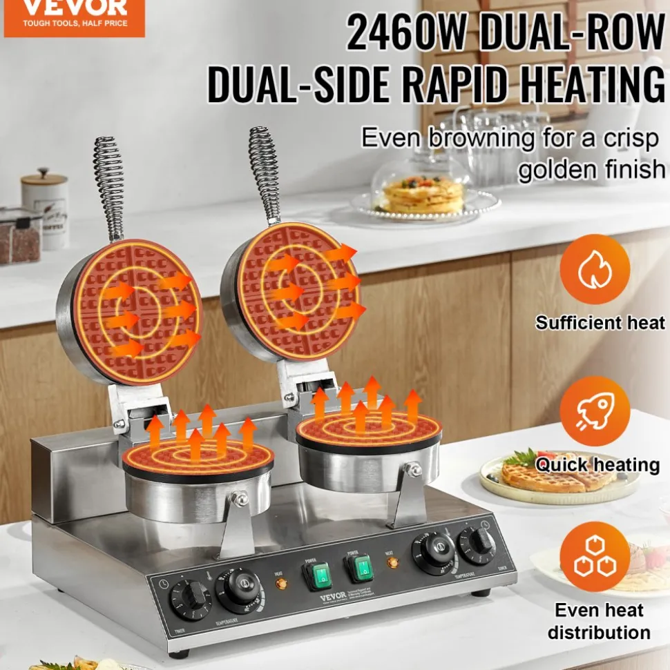 VEVOR Commercial Waffle Maker, Dual-Head Round Waffle Baker Machine, 2460W Non-Stick Stainless Steel Belgian Waffle Iron with Temp and Time Control, Handle, for Restaurant Bakery Snack Bar Family