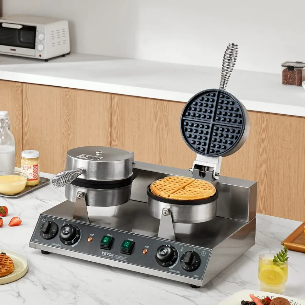 VEVOR Commercial Waffle Maker, Dual-Head Round Waffle Baker Machine, 2460W Non-Stick Stainless Steel Belgian Waffle Iron with Temp and Time Control, Handle, for Restaurant Bakery Snack Bar Family