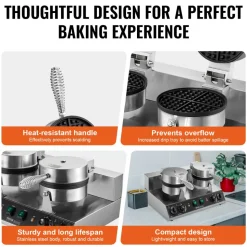 VEVOR Commercial Waffle Maker, Dual-Head Round Waffle Baker Machine, 2460W Non-Stick Stainless Steel Belgian Waffle Iron with Temp and Time Control, Handle, for Restaurant Bakery Snack Bar Family