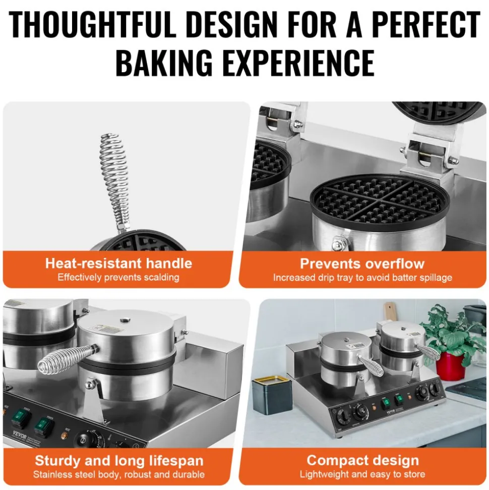 VEVOR Commercial Waffle Maker, Dual-Head Round Waffle Baker Machine, 2460W Non-Stick Stainless Steel Belgian Waffle Iron with Temp and Time Control, Handle, for Restaurant Bakery Snack Bar Family