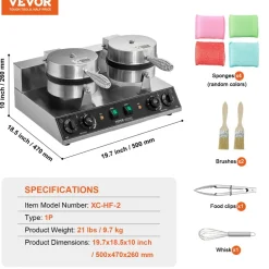 VEVOR Commercial Waffle Maker, Dual-Head Round Waffle Baker Machine, 2460W Non-Stick Stainless Steel Belgian Waffle Iron with Temp and Time Control, Handle, for Restaurant Bakery Snack Bar Family