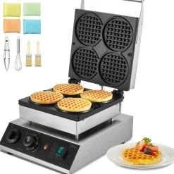 VEVOR Commercial Waffle Maker, 4PCS Round Waffle Baker Machine,1750W Non-Stick Stainless Steel Belgian Waffle Iron with Temperature and Time Control, for Restaurant Bakery Snack Bar Family