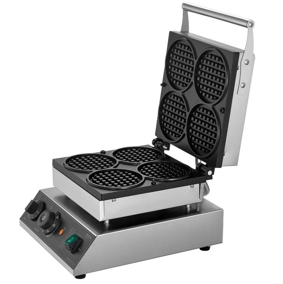VEVOR Commercial Waffle Maker, 4PCS Round Waffle Baker Machine,1750W Non-Stick Stainless Steel Belgian Waffle Iron with Temperature and Time Control, for Restaurant Bakery Snack Bar Family