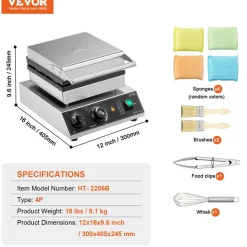 VEVOR Commercial Waffle Maker, 4PCS Round Waffle Baker Machine,1750W Non-Stick Stainless Steel Belgian Waffle Iron with Temperature and Time Control, for Restaurant Bakery Snack Bar Family