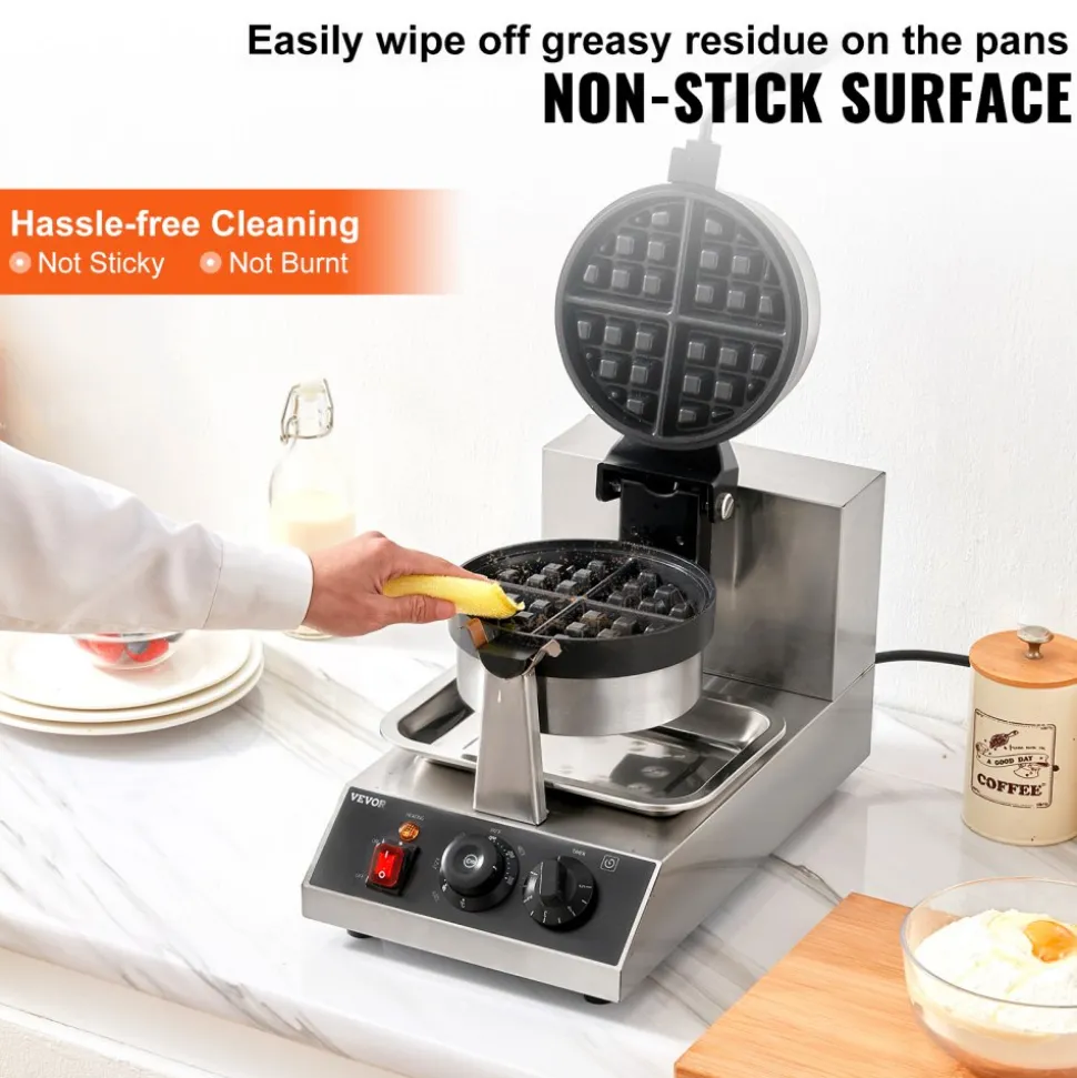 VEVOR Commercial Waffle Maker, 1 Piece per Batch, 1300W Round Waffle Iron, Non-Stick Waffle Baker Machine with 122-572℉ / 50-300℃ Temp Range Teflon-Coated Baking Pans Stainless Steel Body, 120V