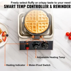 VEVOR Commercial Waffle Maker, 1 Piece per Batch, 1300W Round Waffle Iron, Non-Stick Waffle Baker Machine with 122-572℉ / 50-300℃ Temp Range Teflon-Coated Baking Pans Stainless Steel Body, 120V