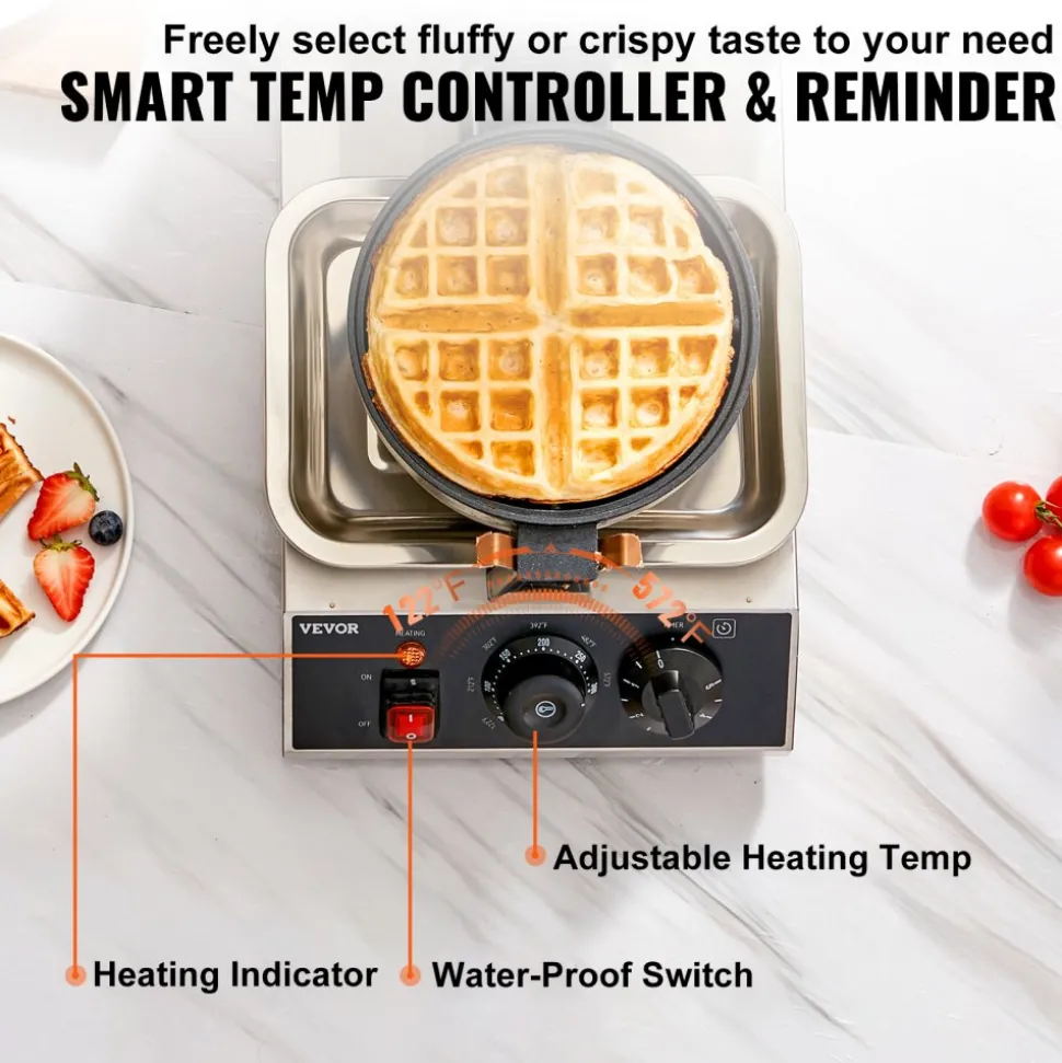 VEVOR Commercial Waffle Maker, 1 Piece per Batch, 1300W Round Waffle Iron, Non-Stick Waffle Baker Machine with 122-572℉ / 50-300℃ Temp Range Teflon-Coated Baking Pans Stainless Steel Body, 120V