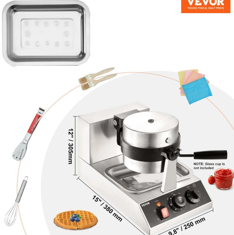 VEVOR Commercial Waffle Maker, 1 Piece per Batch, 1300W Round Waffle Iron, Non-Stick Waffle Baker Machine with 122-572℉ / 50-300℃ Temp Range Teflon-Coated Baking Pans Stainless Steel Body, 120V