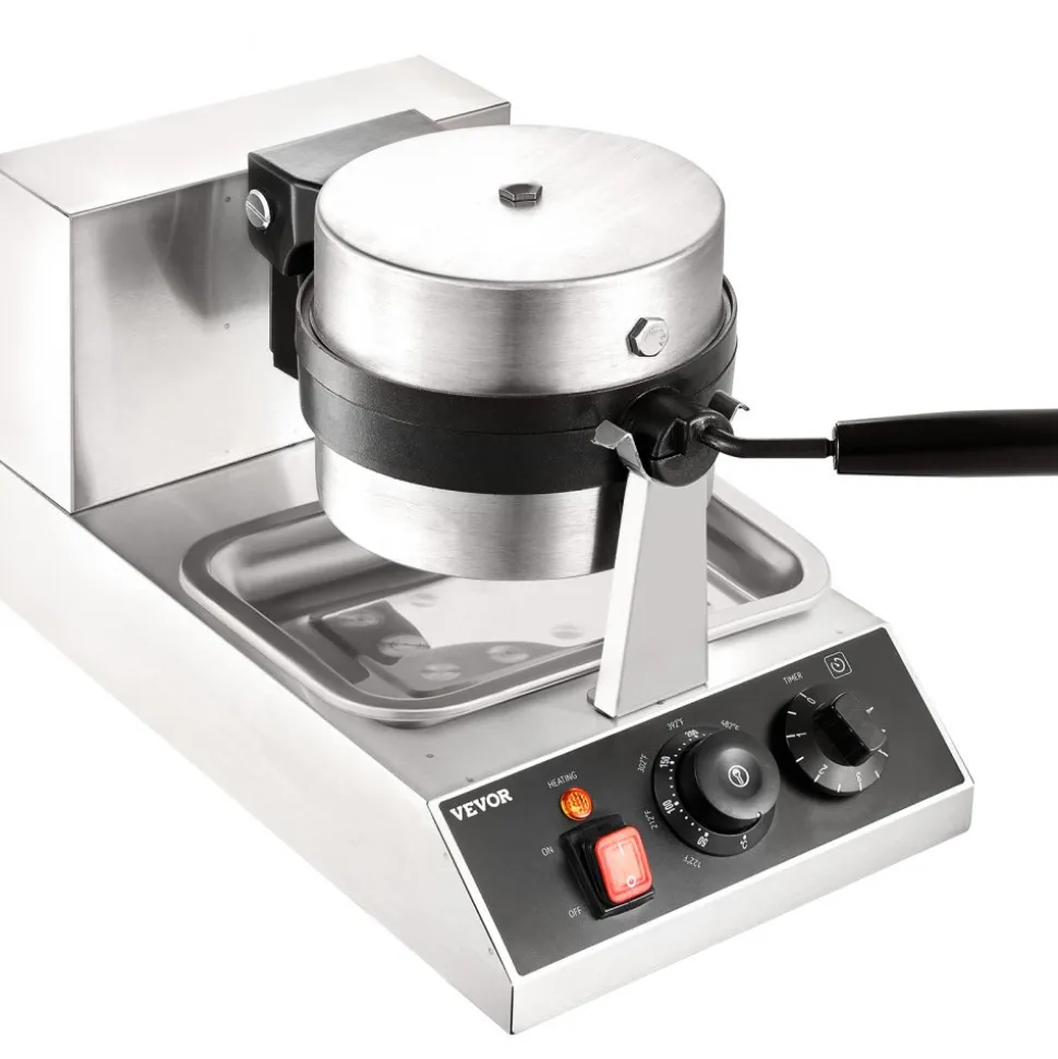 VEVOR Commercial Waffle Maker, 1 Piece per Batch, 1300W Round Waffle Iron, Non-Stick Waffle Baker Machine with 122-572℉ / 50-300℃ Temp Range Teflon-Coated Baking Pans Stainless Steel Body, 120V