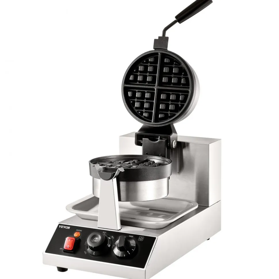 VEVOR Commercial Waffle Maker, 1 Piece per Batch, 1300W Round Waffle Iron, Non-Stick Waffle Baker Machine with 122-572℉ / 50-300℃ Temp Range Teflon-Coated Baking Pans Stainless Steel Body, 120V