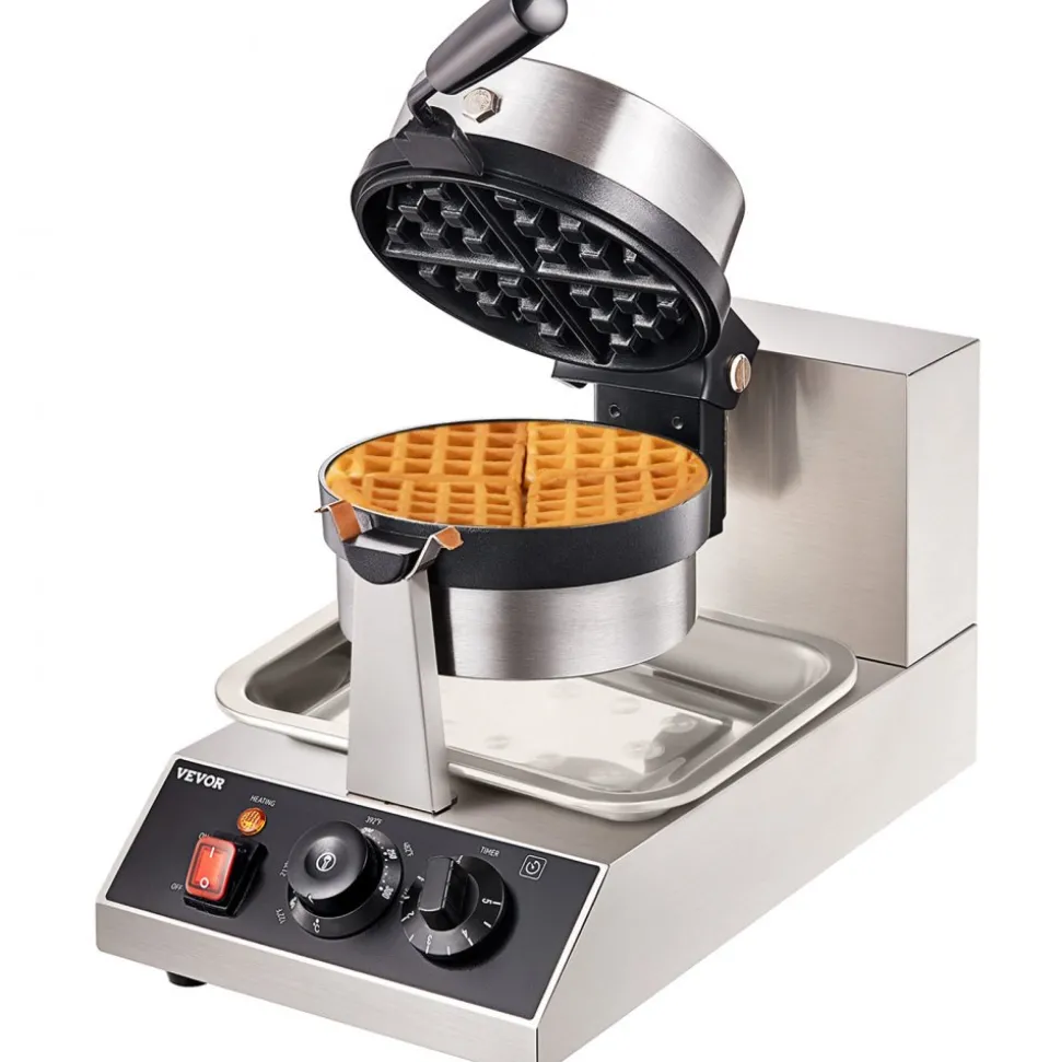 VEVOR Commercial Waffle Maker, 1 Piece per Batch, 1300W Round Waffle Iron, Non-Stick Waffle Baker Machine with 122-572℉ / 50-300℃ Temp Range Teflon-Coated Baking Pans Stainless Steel Body, 120V