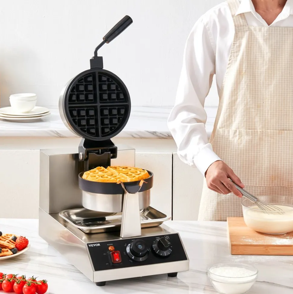 VEVOR Commercial Waffle Maker, 1 Piece per Batch, 1300W Round Waffle Iron, Non-Stick Waffle Baker Machine with 122-572℉ / 50-300℃ Temp Range Teflon-Coated Baking Pans Stainless Steel Body, 120V