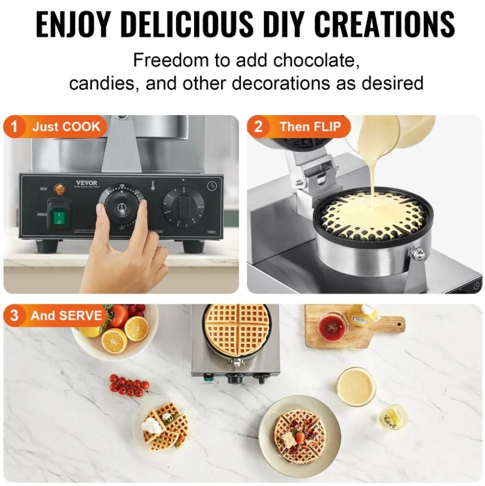 VEVOR Commercial Waffle Maker, 10PCS Rectangle Waffle Baker Machine, 1550W Non-Stick Stainless Steel Belgian Waffle Iron with Temp and Time Control, Handle, for Restaurant Bakery Snack Bar Family