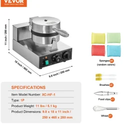 VEVOR Commercial Waffle Maker, 10PCS Rectangle Waffle Baker Machine, 1550W Non-Stick Stainless Steel Belgian Waffle Iron with Temp and Time Control, Handle, for Restaurant Bakery Snack Bar Family