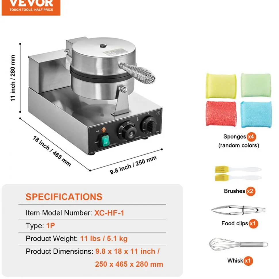 VEVOR Commercial Waffle Maker, 10PCS Rectangle Waffle Baker Machine, 1550W Non-Stick Stainless Steel Belgian Waffle Iron with Temp and Time Control, Handle, for Restaurant Bakery Snack Bar Family