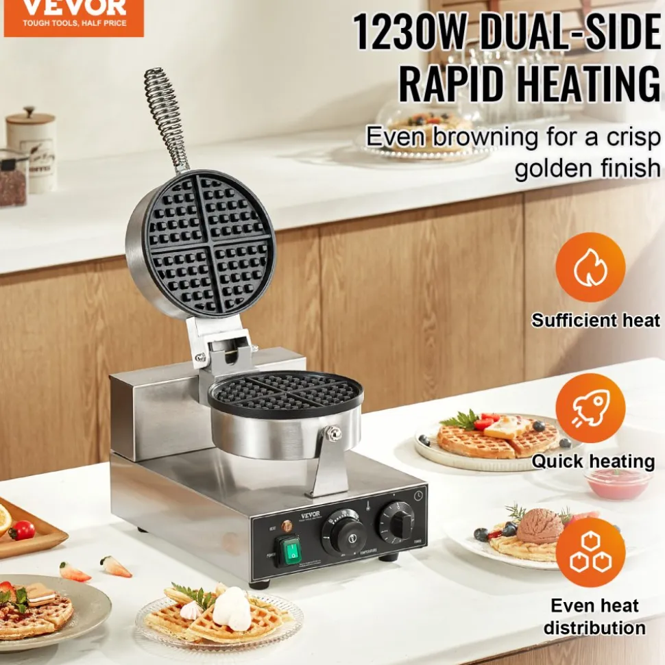 VEVOR Commercial Waffle Maker, 10PCS Rectangle Waffle Baker Machine, 1550W Non-Stick Stainless Steel Belgian Waffle Iron with Temp and Time Control, Handle, for Restaurant Bakery Snack Bar Family