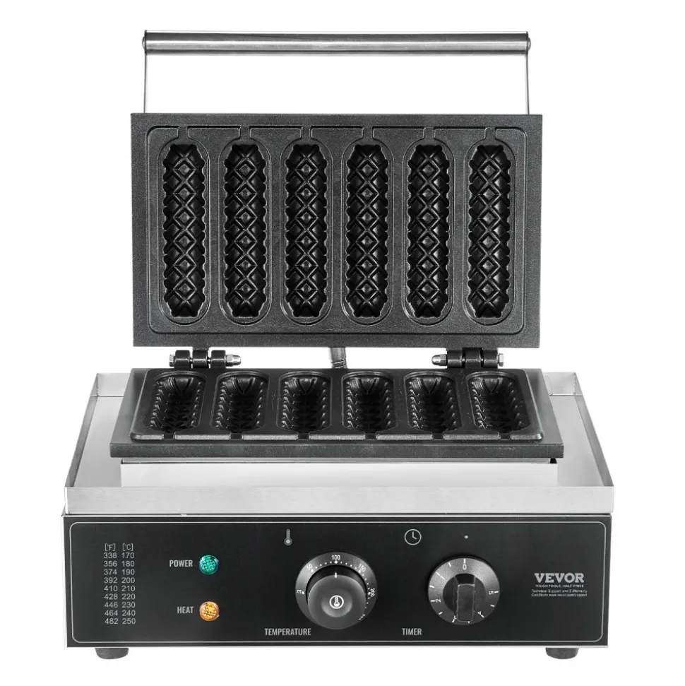 VEVOR Commercial Waffle Stick Maker, 6PCS 1500W Waffle Baker Machine, Non-Stick Stainless Steel Corn Hot Dog Waffle Iron with Temp and Time Control, Handle, for Restaurant Bakery Snack Bar Family