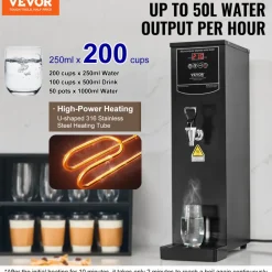 VEVOR Commercial Water Boiler, Electric Hot Water Dispenser with 316 Stainless Steel Heating Tube, 1500W Step-by-step Fast Heating 50L per Hour Hot Water Boiler, for Coffee Tea Restaurant Office