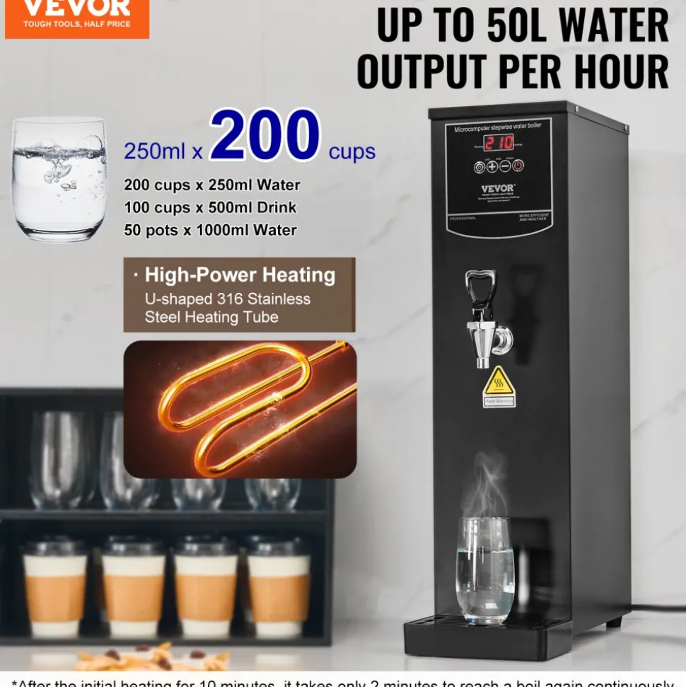 VEVOR Commercial Water Boiler, Electric Hot Water Dispenser with 316 Stainless Steel Heating Tube, 1500W Step-by-step Fast Heating 50L per Hour Hot Water Boiler, for Coffee Tea Restaurant Office