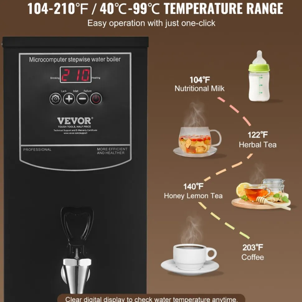 VEVOR Commercial Water Boiler, Electric Hot Water Dispenser with 316 Stainless Steel Heating Tube, 1500W Step-by-step Fast Heating 50L per Hour Hot Water Boiler, for Coffee Tea Restaurant Office