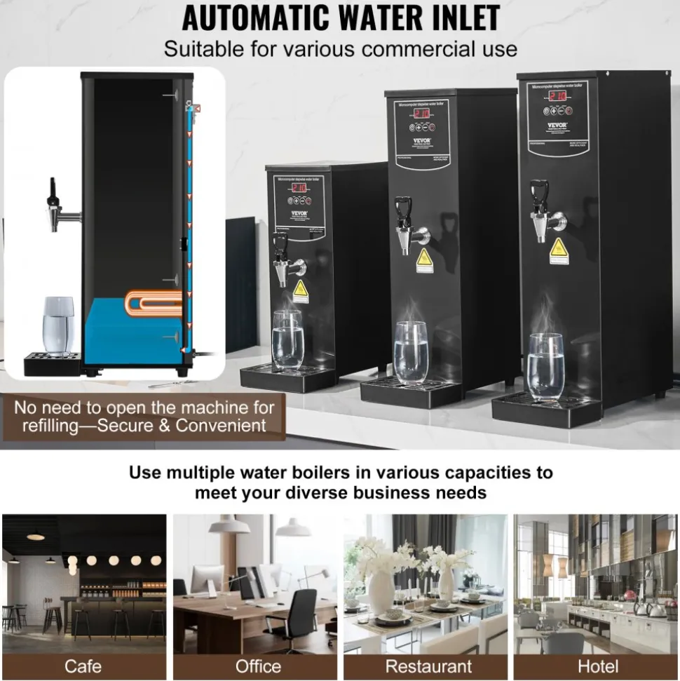 VEVOR Commercial Water Boiler, Electric Hot Water Dispenser with 316 Stainless Steel Heating Tube, 1500W Step-by-step Fast Heating 50L per Hour Hot Water Boiler, for Coffee Tea Restaurant Office