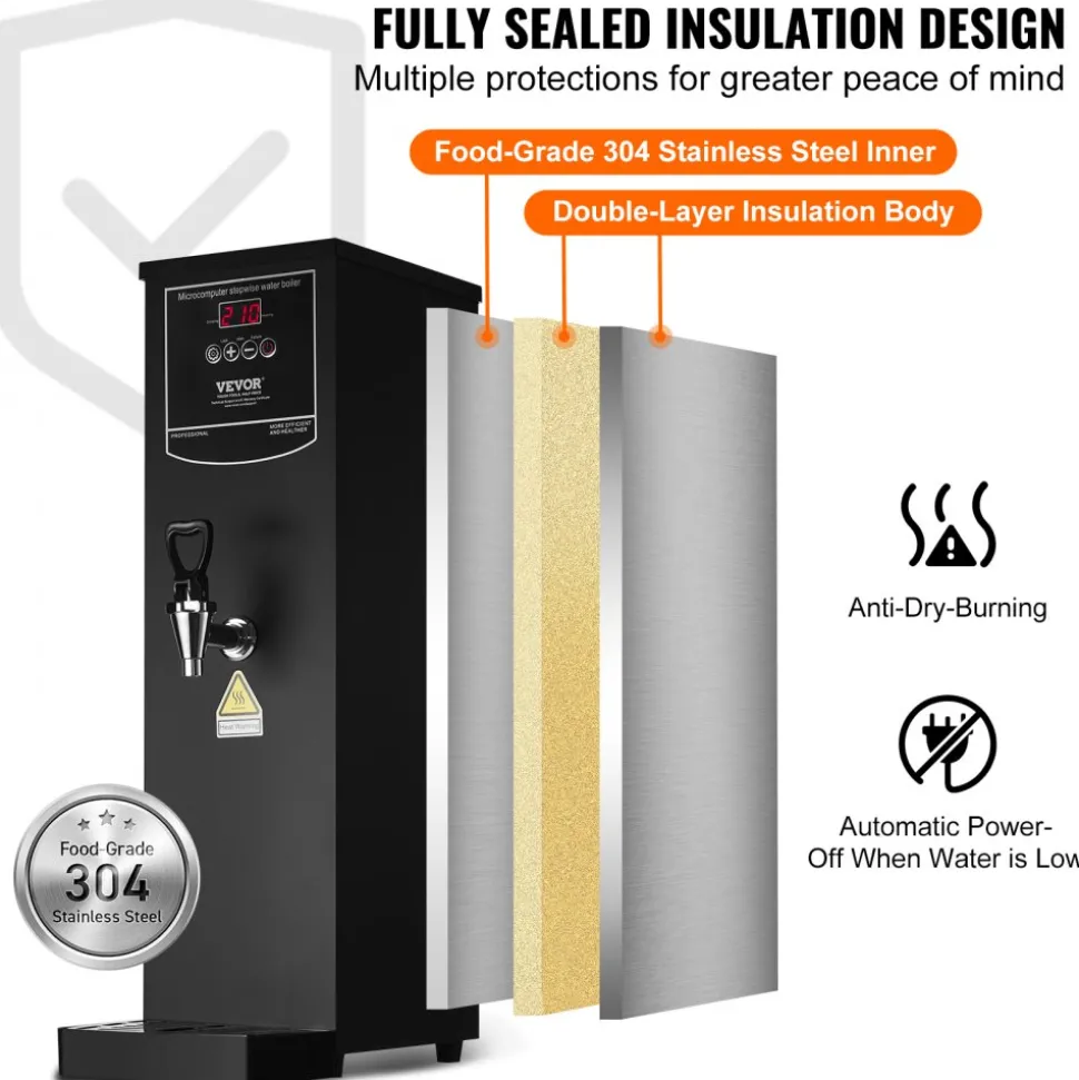 VEVOR Commercial Water Boiler, Electric Hot Water Dispenser with 316 Stainless Steel Heating Tube, 1500W Step-by-step Fast Heating 50L per Hour Hot Water Boiler, for Coffee Tea Restaurant Office