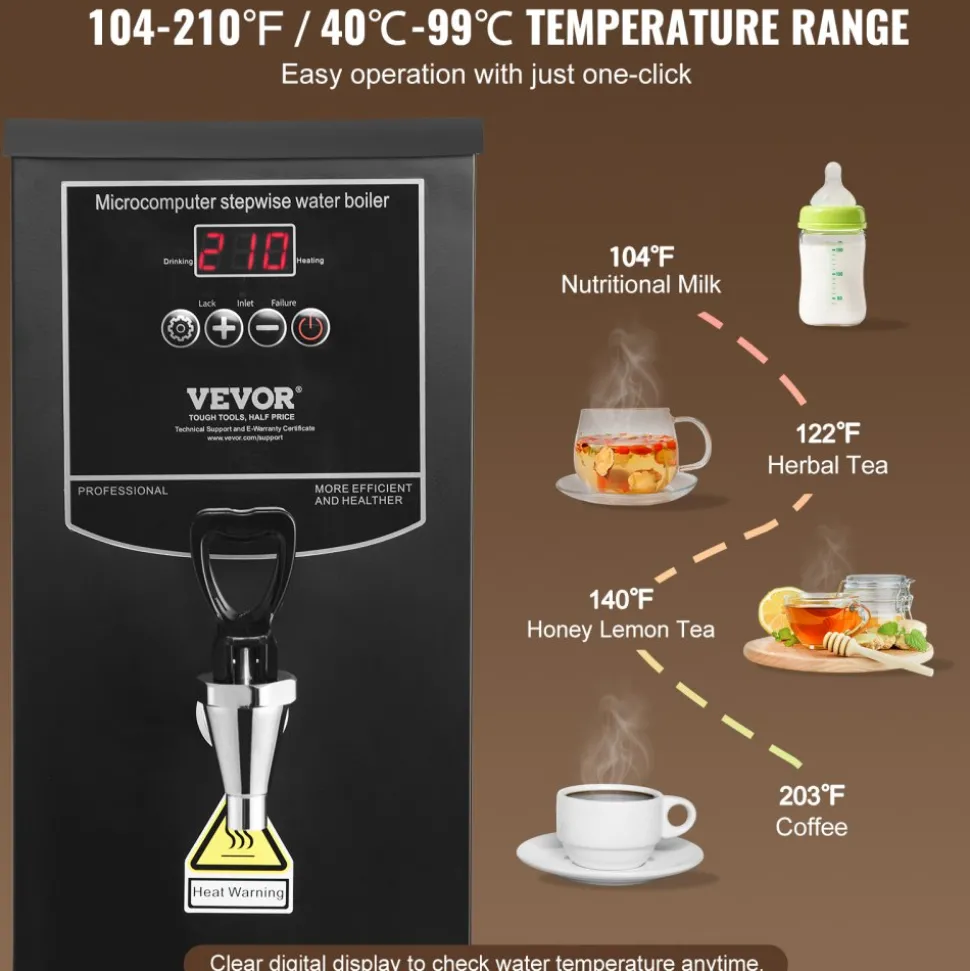 VEVOR Commercial Water Boiler, Electric Hot Water Dispenser with 316 Stainless Steel Heating Tube, 1500W Step-by-step Fast Heating 50L per Hour Hot Water Boiler, for Coffee Tea Restaurant Office
