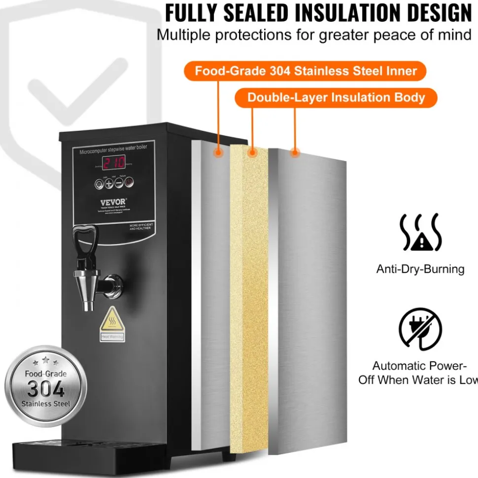 VEVOR Commercial Water Boiler, Electric Hot Water Dispenser with 316 Stainless Steel Heating Tube, 1500W Step-by-step Fast Heating 50L per Hour Hot Water Boiler, for Coffee Tea Restaurant Office