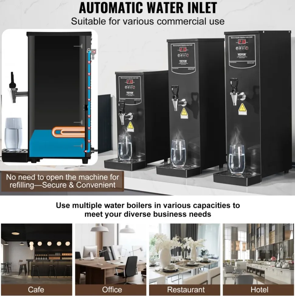 VEVOR Commercial Water Boiler, Electric Hot Water Dispenser with 316 Stainless Steel Heating Tube, 1500W Step-by-step Fast Heating 50L per Hour Hot Water Boiler, for Coffee Tea Restaurant Office