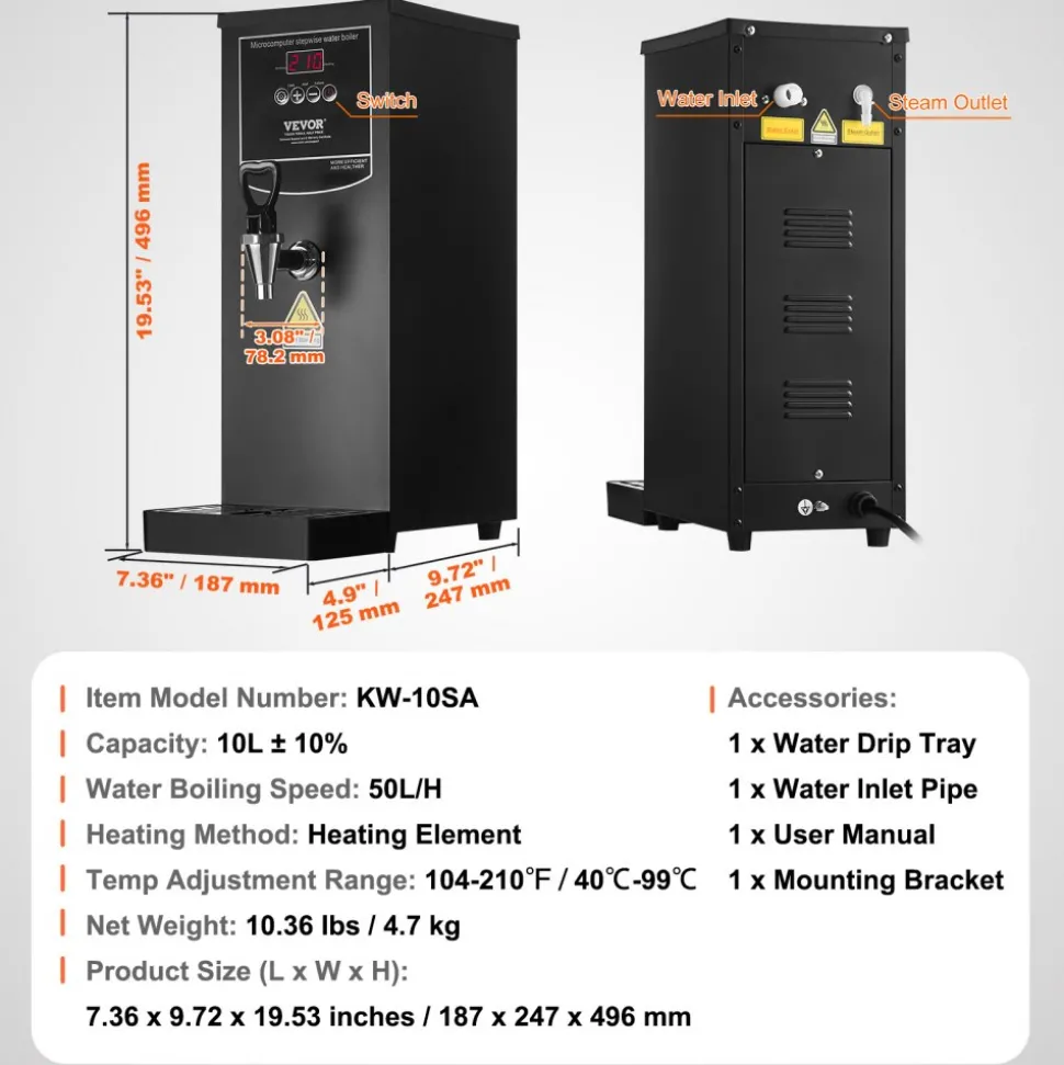 VEVOR Commercial Water Boiler, Electric Hot Water Dispenser with 316 Stainless Steel Heating Tube, 1500W Step-by-step Fast Heating 50L per Hour Hot Water Boiler, for Coffee Tea Restaurant Office