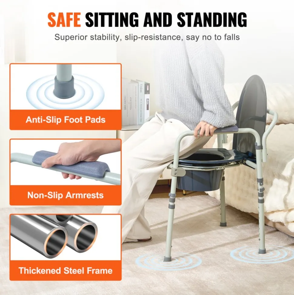 VEVOR Commode Chair, Bedside Commode with Wider Toilet Seat, 7-Level Adjustable Height, 5.8L Removable Bucket, Easy to Assemble, 350 LBS Capacity, Raised Toilet Seat for Adults Seniors