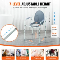 VEVOR Commode Chair, Bedside Commode with Wider Toilet Seat, 7-Level Adjustable Height, 5.8L Removable Bucket, Easy to Assemble, 350 LBS Capacity, Raised Toilet Seat for Adults Seniors